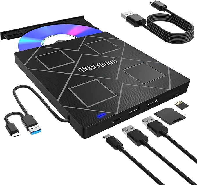 5-in-1 Extemal CD/DVD Drive for Laptop, USB 3.0 & Type-C Portable CD/DvD Rw by GODBPMYNU