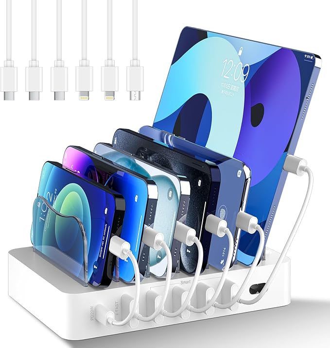 Charging Station for Multiple Devices: 68W 6 Port 20W Fast Phone Charger Dock by CLEVERBRIGHT