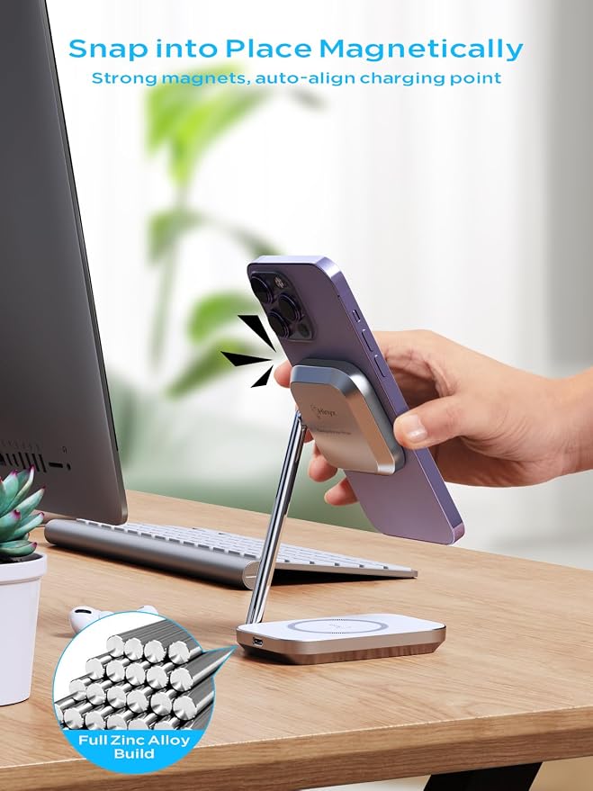 2-in-1 Magsafe Charger Stand, Zinc Alloy Foldable Magnetic Wireless Charger - Image 4