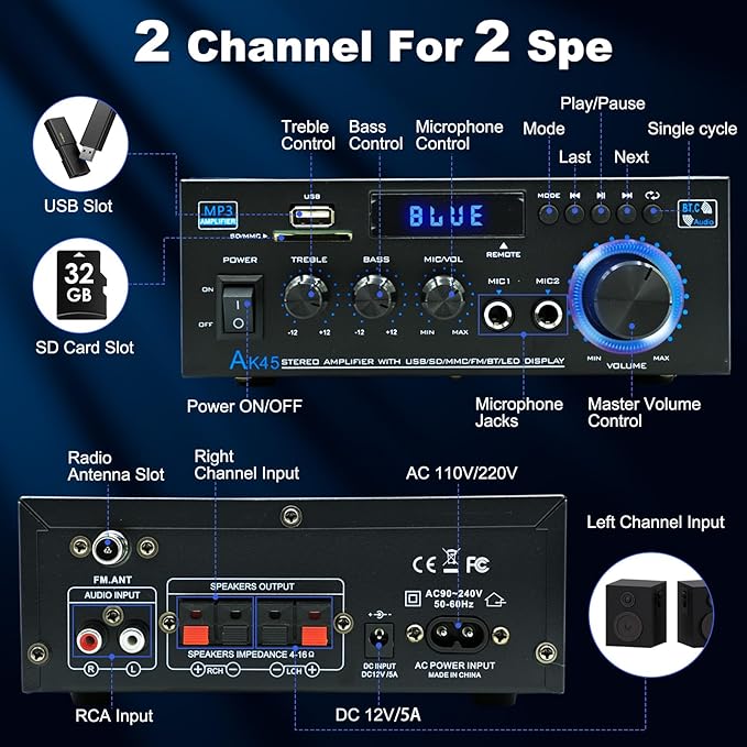 AK45 Stereo Home Audio Amplifier, 5.0 Mini Bluetooth Receiver, 300W *2 Blutooth - Image 2