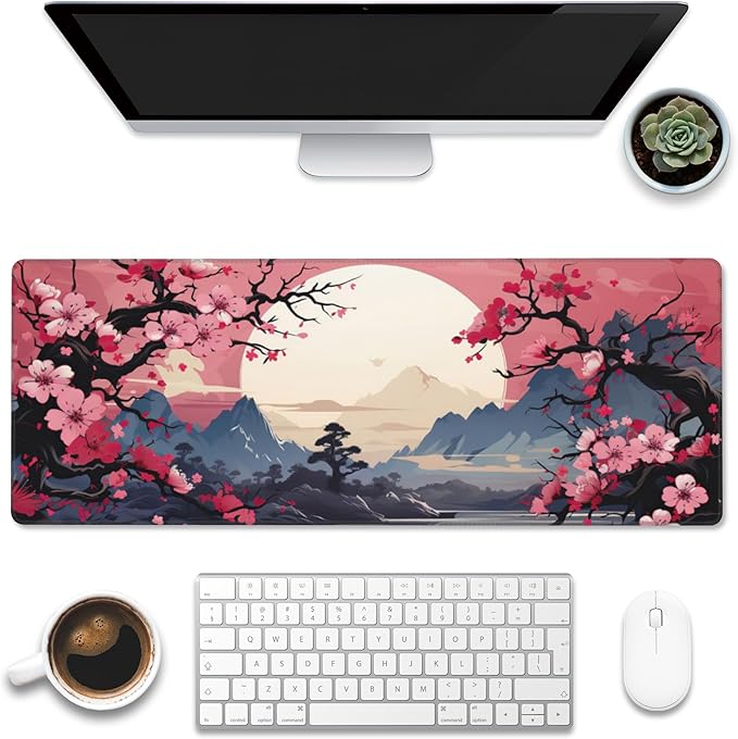 Pink Cherry Blossom Tree Desk Pad, Mountains and Sun Large Gaming Mouse Mat by Eflxamz