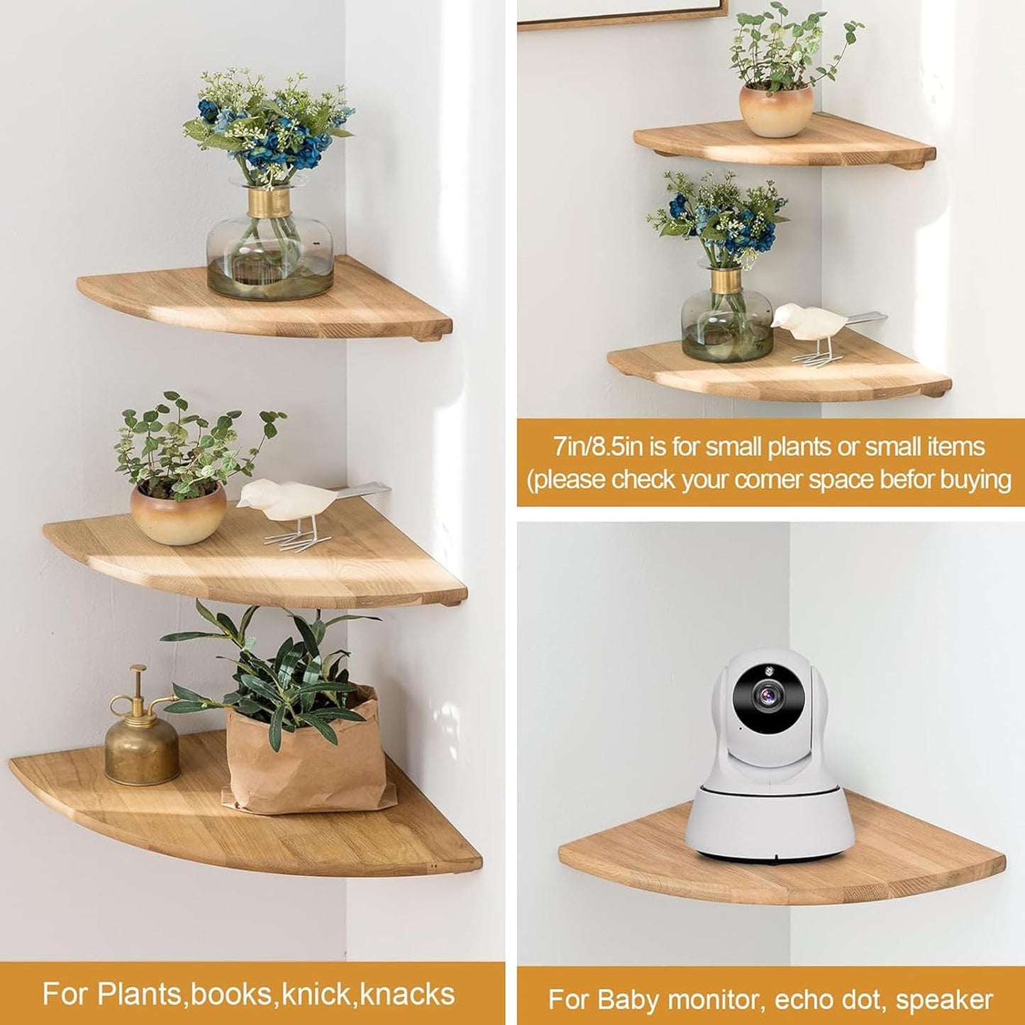 Corner Shelves, Floating Corner Shelf, Set of 2 Solid Oak Wood Wall Shelves, Round End Wall Mount with Wire Hole Shelving for Small Plant for Bedroom Kitchen, Living Room 8.7“