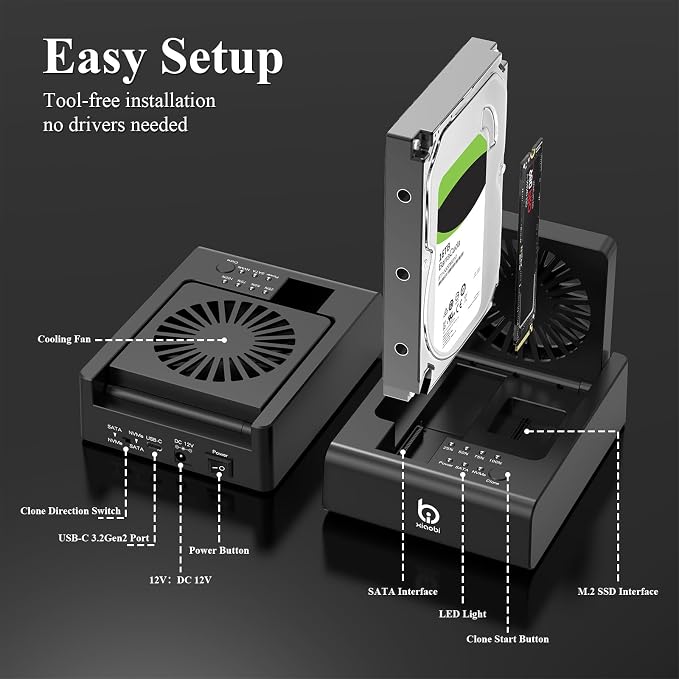 M.2 NVMe & SATA HDD Docking Station, 10Gbps USB3.2 Gen2 SSD Cloner - Image 2