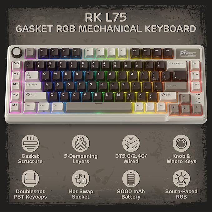 RK ROYAL KLUDGE L75 Gasket Mount Mechanical Keyboard w/Knob/Macro Keys & - Image 2