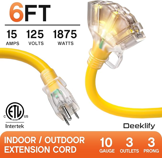 6 ft 10 Gauge Heavy Duty 3 Outlet Extension Cord Splitter - Image 2