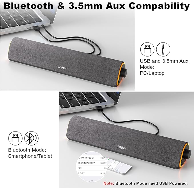 SOULION R50 Bluetooth Computer Speakers, 3.5mm PC Sound Bar - Image 4