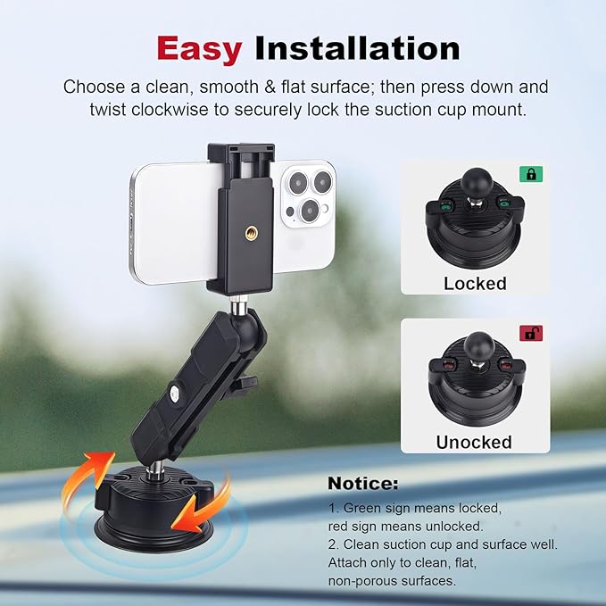 Camera Suction Cup Mount with Ball Head Magic Arm, Universal 360°Vacuum Suction - Image 4