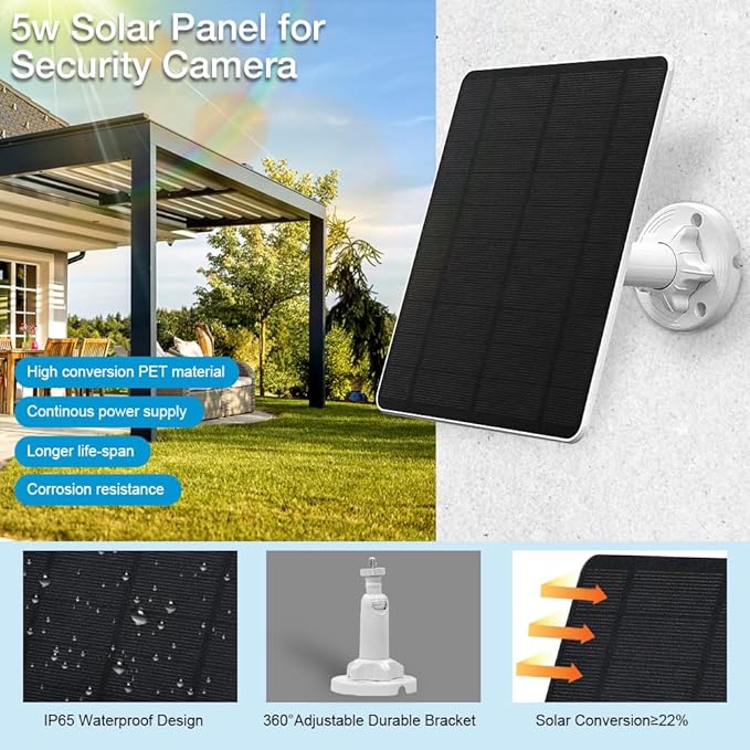 Solar Panel for Security Camera, 5W USB Solar Panel for Cameras DC 5V, Camera - Image 2