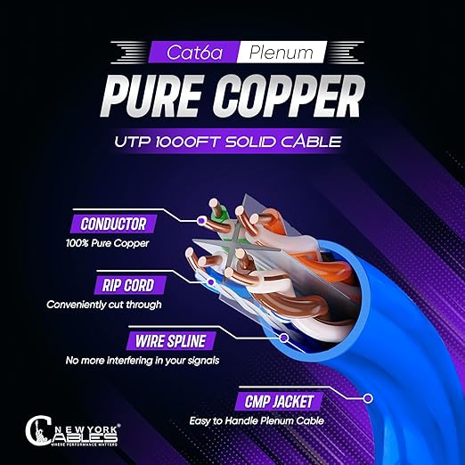 Cat6A Plenum Cable 1000ft Blue | 100% Solid Bare Copper 750MHz, PoE++ 23AWG 4 - Image 2