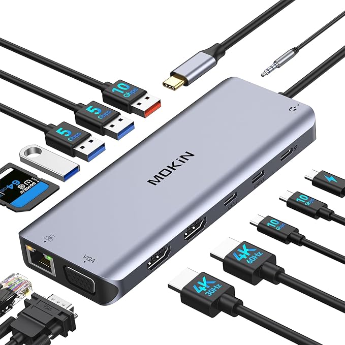 USB C Laptop Docking Station Dual Monitor, 14 in 1 Docking Station 3 Monitors by MOKiN