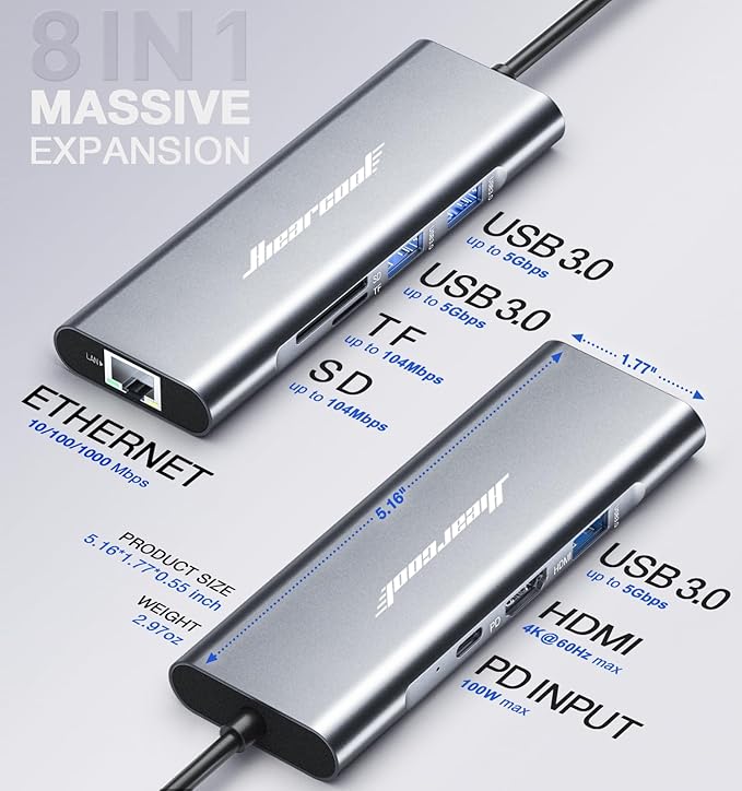 Hiearcool USB C Hub Ethernet, 4K@60 USB-C to HDMI Hub, 8in1 Multi-Port USBC - Image 5