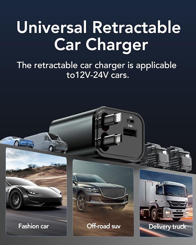 Upgraded Retractable Car Charger Adapter, 4 in 1 Fast Charging Car Phone Charger - Image 9