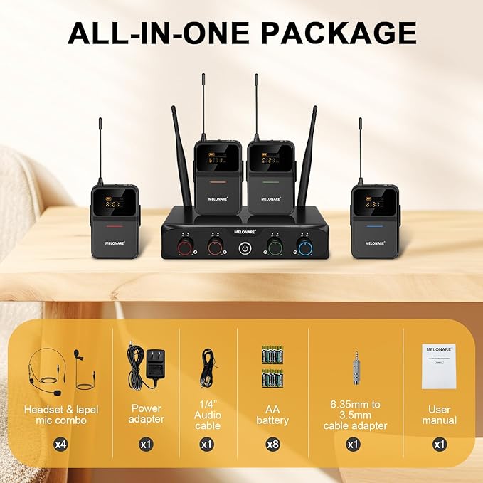 4-Channel Wireless Microphone System, UHF Compact Cordless Mic Set w/ 4x10 - Image 7