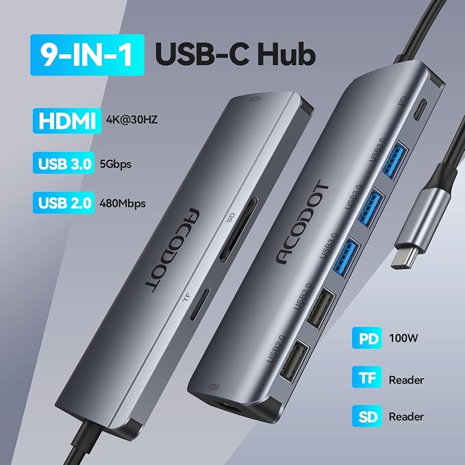USB C Hub, Acodot 9 in 1 Type C Hub Adapter Portable Docking Station Aluminum - Image 3