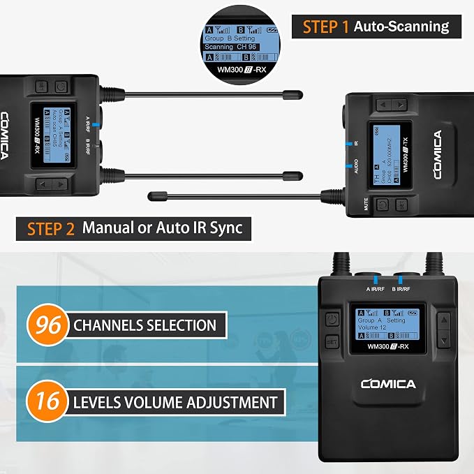 Dual Wireless Lavalier Microphone System, Comica CVM-WM300A UHF 96 Channel - Image 3
