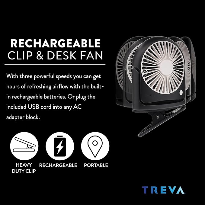 Treva 5 Inch Rechargeable Powered Clip Fan 3 Speed Slim and Portable Indoor and - Image 3