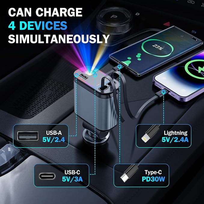 Car Charger with Starlight, 66W USB C Fast Car Chargers Adapter, 4 in 1 - Image 4