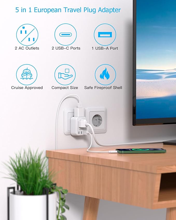 European Travel Plug Adapter for International, HANYCONY Italy Spain Power - Image 2