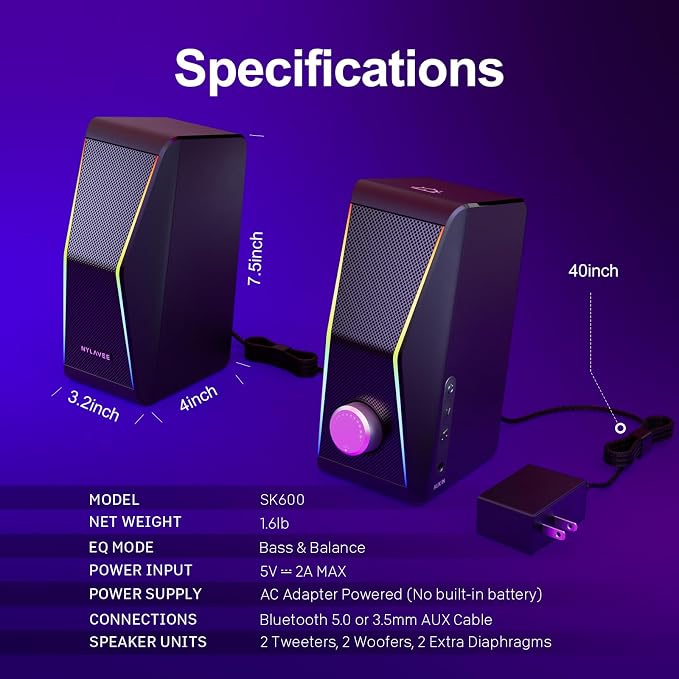 Computer Speakers, 4 Dynamic Lighting Modes, AC Adapter Powered and 3.5mm - Image 6