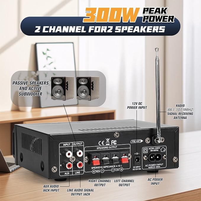 Stereo Audio Amplifier, 300W Home 2 Channel Wireless Bluetooth 5.0 Power - Image 3