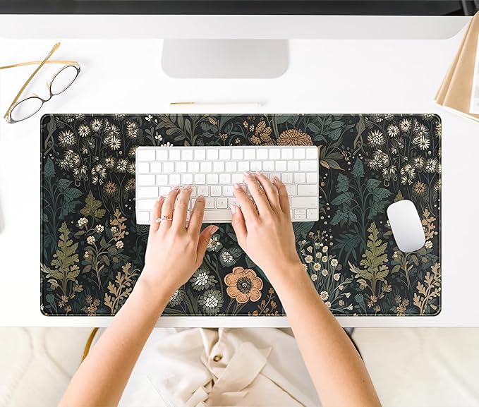 Dark Flower Desk Mat Floral Plants Mouse Pad, Aesthetic Wildflowers Large - Image 4