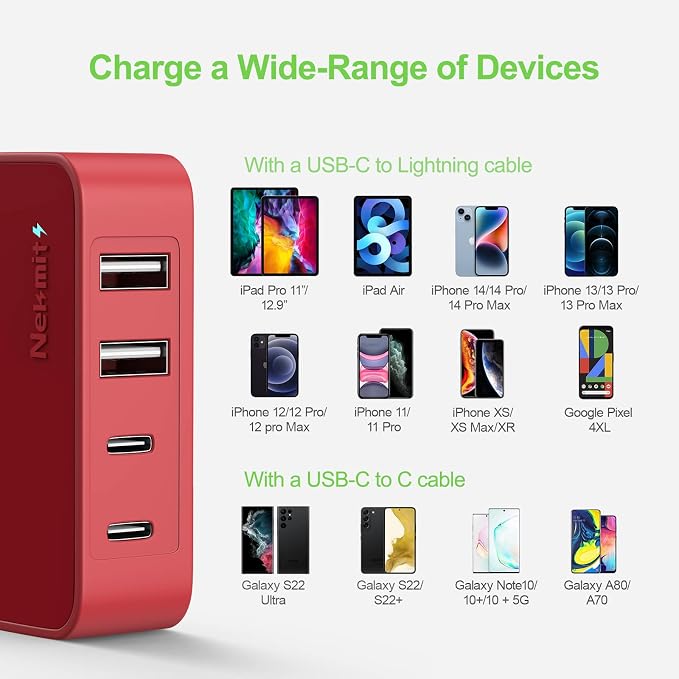 Nekmit USB C Charger, Thin Flat 52W 4-Port Fast Wall Charger - Image 6