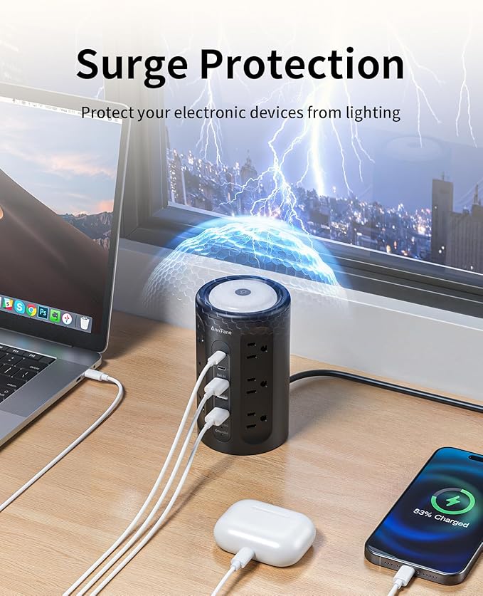 Power Strip Tower with Night Light, Power Strip Surge Protector with USB Ports - Image 7