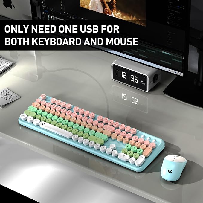 Wireless Keyboard and Mouse Set, 105 Round Keys Full-Size Cute Colorful - Image 7