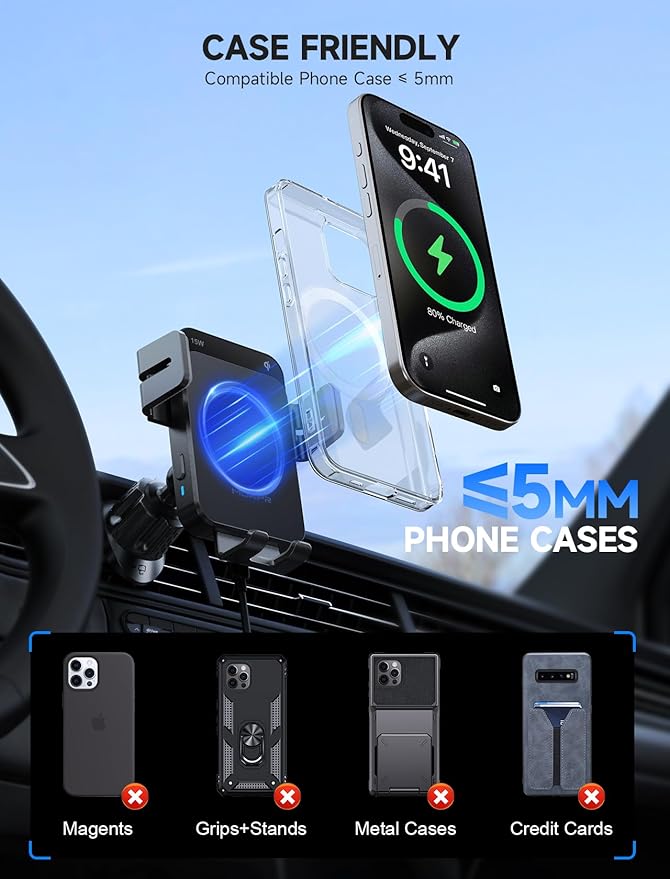 MOKPR Wireless Car Charger, 15W Auto Clamping Car Charger Dash Windshield Air - Image 6