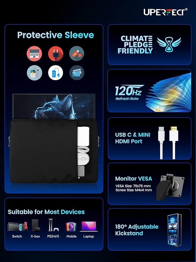 UPERFECT Portable Monitor 18.5-inch 120HZ 100% sRGB 1080P w/VESA & Stand 180° - Image 8