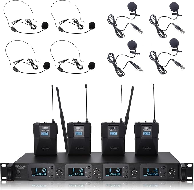 Wireless Microphone System 4 Channel UHF 4 Lavalier Lapel Headset Mics by Boeska