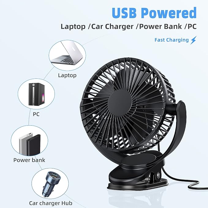 ATEngeus Rechargeable Clip-on USB Desk Fan, 3 Speeds, 5000mAh Battery, - Image 7