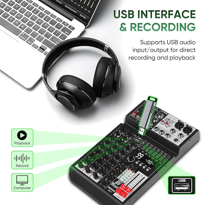 Audio Mixer 4 Channel Sound Mixer Console, Professional Music Mixing Board DJ - Image 4