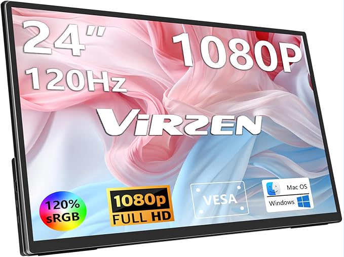 24'' Large Portable Monitor, FHD 120HZ 120% SRGB IPS USB-C HDMI Work Home by Virzen