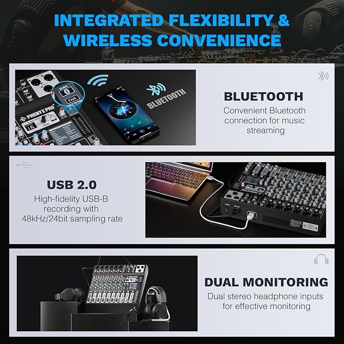 Professional 8-Channel Audio Mixer, Phenyx Pro DJ Sound Mixer Board w/Flexible - Image 5