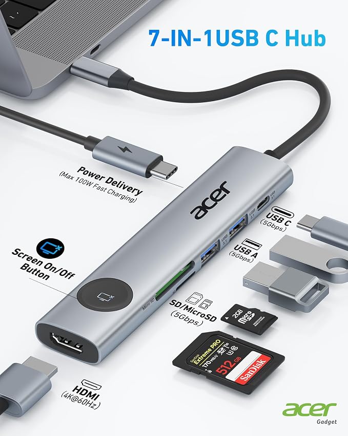 Acer USB C to HDMI Multiport Adapter, 7 in 1 USB-C Hub - Image 2