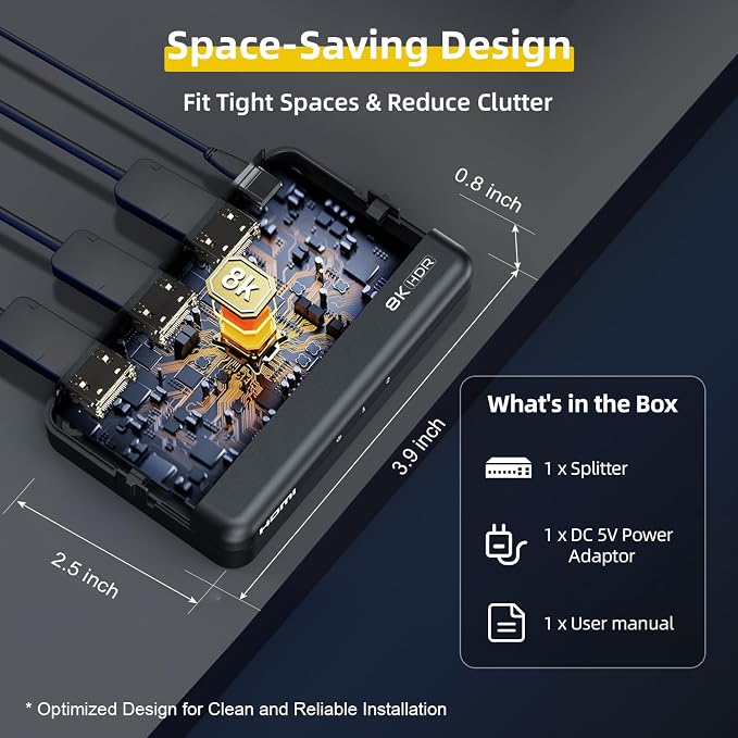 8K HDMI Splitter 1x2 – 1 in 2 Out, HDCP 2.3, Auto Downscaling, Duplicate/Mirror - Image 9