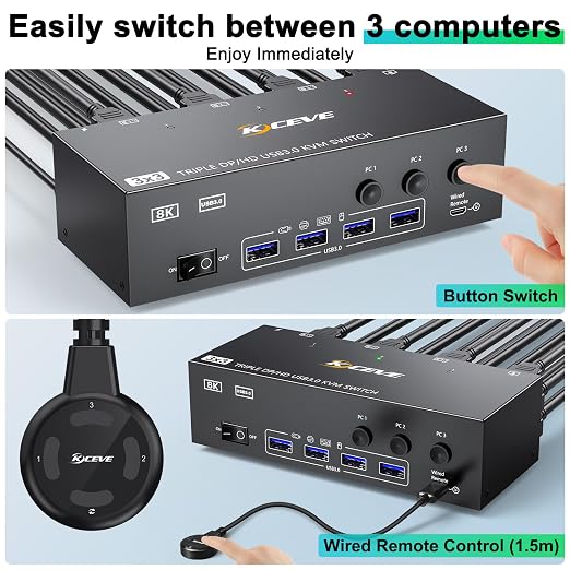 KVM Switch 3 Monitors 3 Computers 8K@60Hz, MLEEDA HDMI + 2* Displayport Triple - Image 5