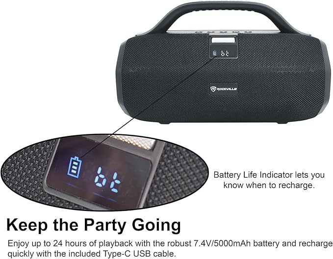 Rockville SONIC-50L Portable Bluetooth Speaker, 50W Stereo Sound, Dual LED Rings - Image 5