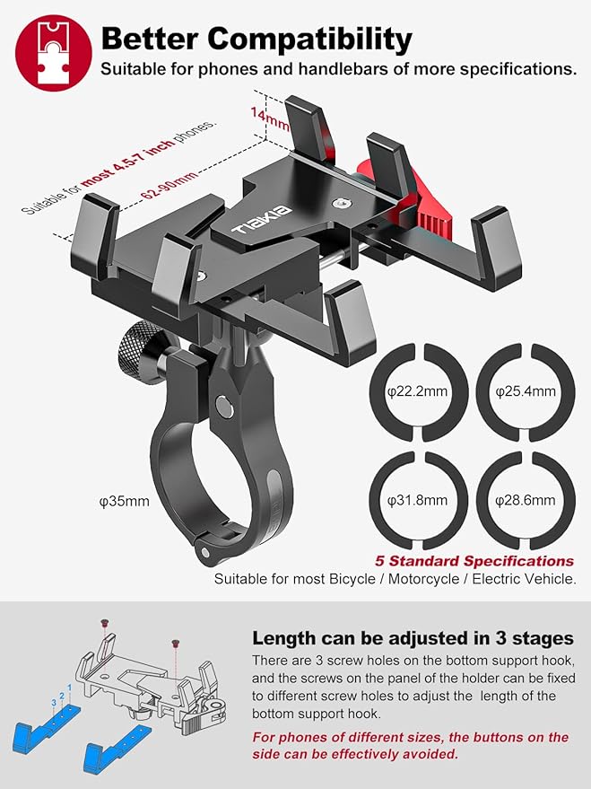Tiakia Bike Phone Mount Holder, Aluminum Motorcycle Phone Mount, Handlebar - Image 5