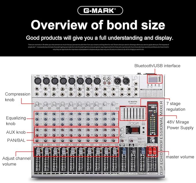 G-MARK GMX1200 DJ Mixer 12 Channel Professional Audio Mixer USB Mixing Console - Image 6