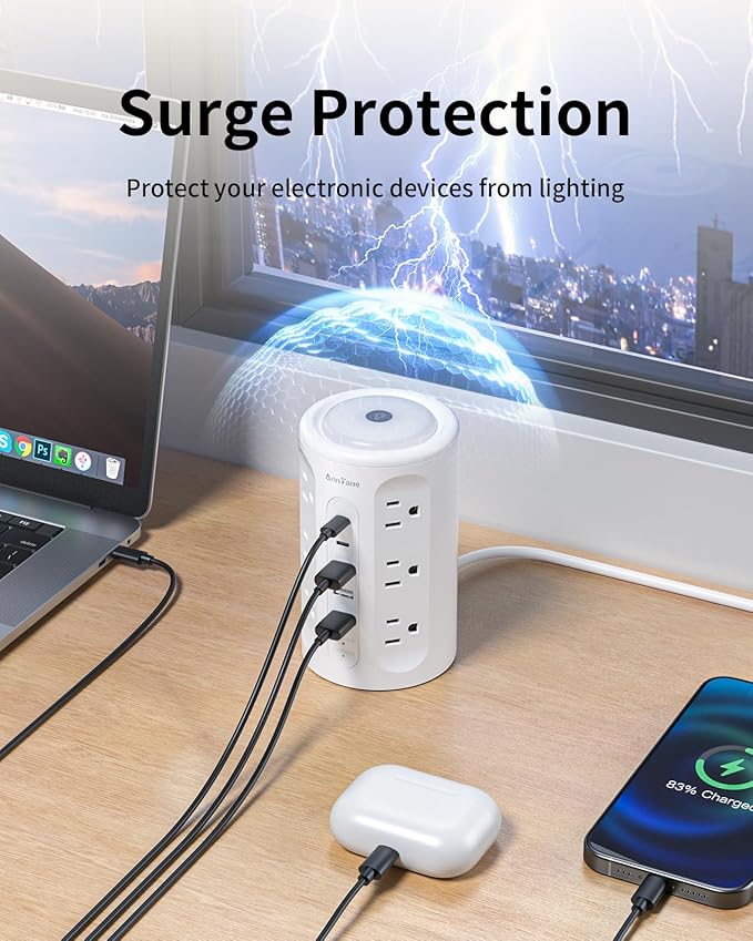 Power Strip Tower with Night Light, 15W Surge Protector Power Strip with USB - Image 7