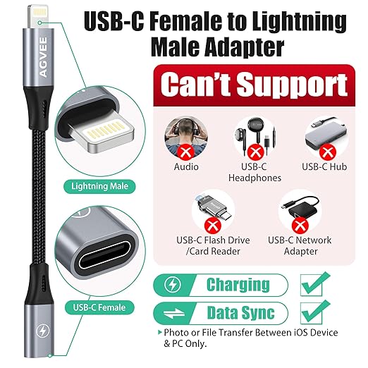 AGVEE 4 inch USB-C Female to Lightning Male Adapter, 30W Fast Charging Charger - Image 2