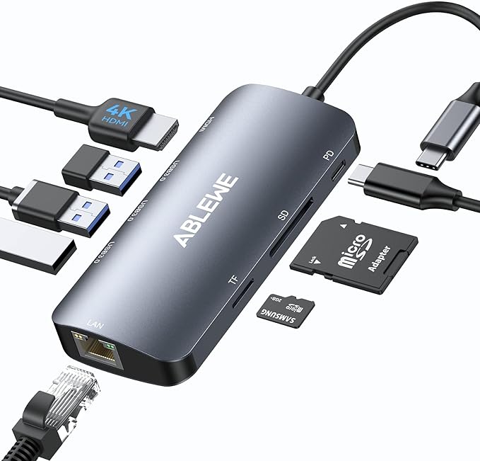 ABLEWE USB C Hub Ethernet, 8 in 1 Multiport USB C to HDMI Adapter 4K@60Hz by ABLEWE