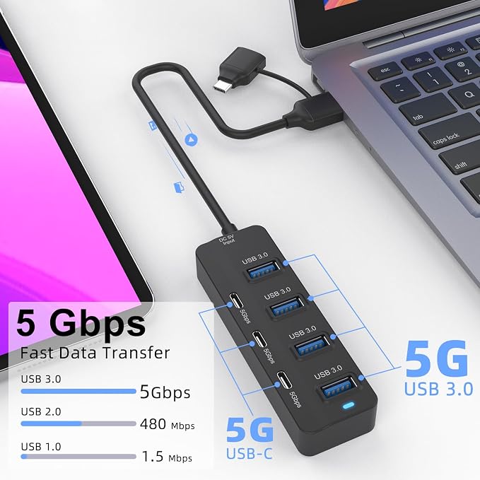 USB C Hub, 5Gbps 7 Ports USB 3.0, USB Hub - Image 2