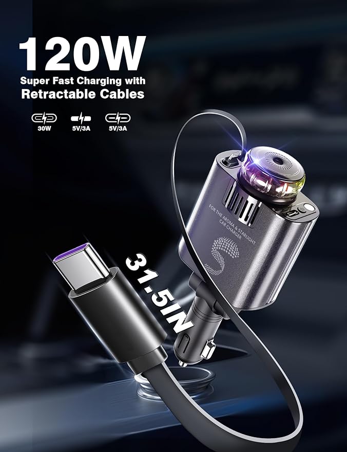 Retractable Car Charger USB C Fast Charging 120W, Car Accessories Cigarette - Image 3