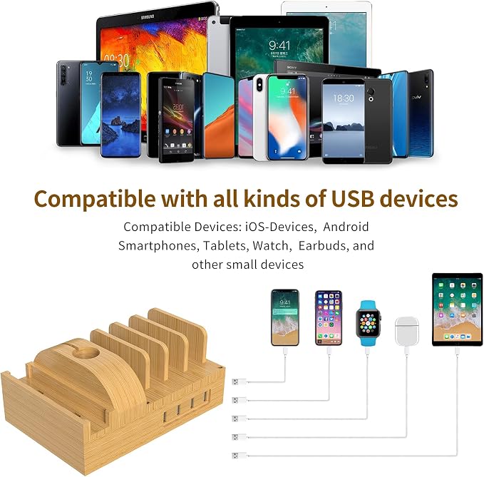 Bamboo Charging Station for Multiple Devices, Alltripal Wood Desktop Docking - Image 5
