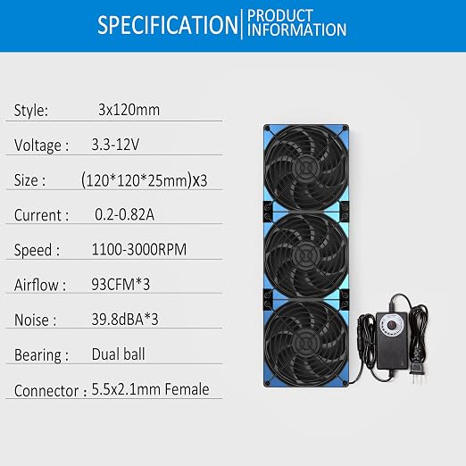 120mmx3 360mm Adjustable Computer PC Vent Fans 3-12V Speed Controller - Image 3