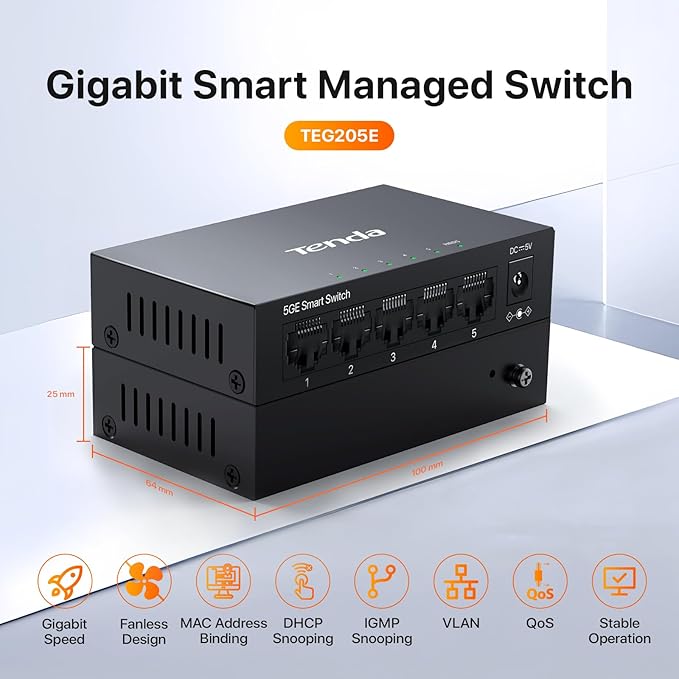 Tenda TEG205E, 5 Port Managed Gigabit Switch, Easy Smart Managed, Base-T Ports - Image 2