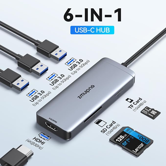 USB C Hub Adapter for MacBook Air, USB-C HD MI Dongle for MacBook Pro, 6 in 1 - Image 2